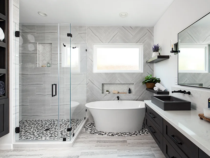 Master bathroom renovation with custom tile shower and double vanity — Northern Virginia