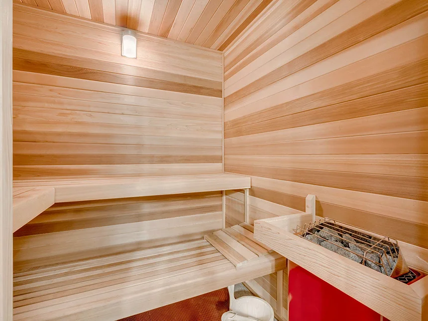 Finished custom sauna interior showing cedar walls, upper and lower benches — Northern Virginia